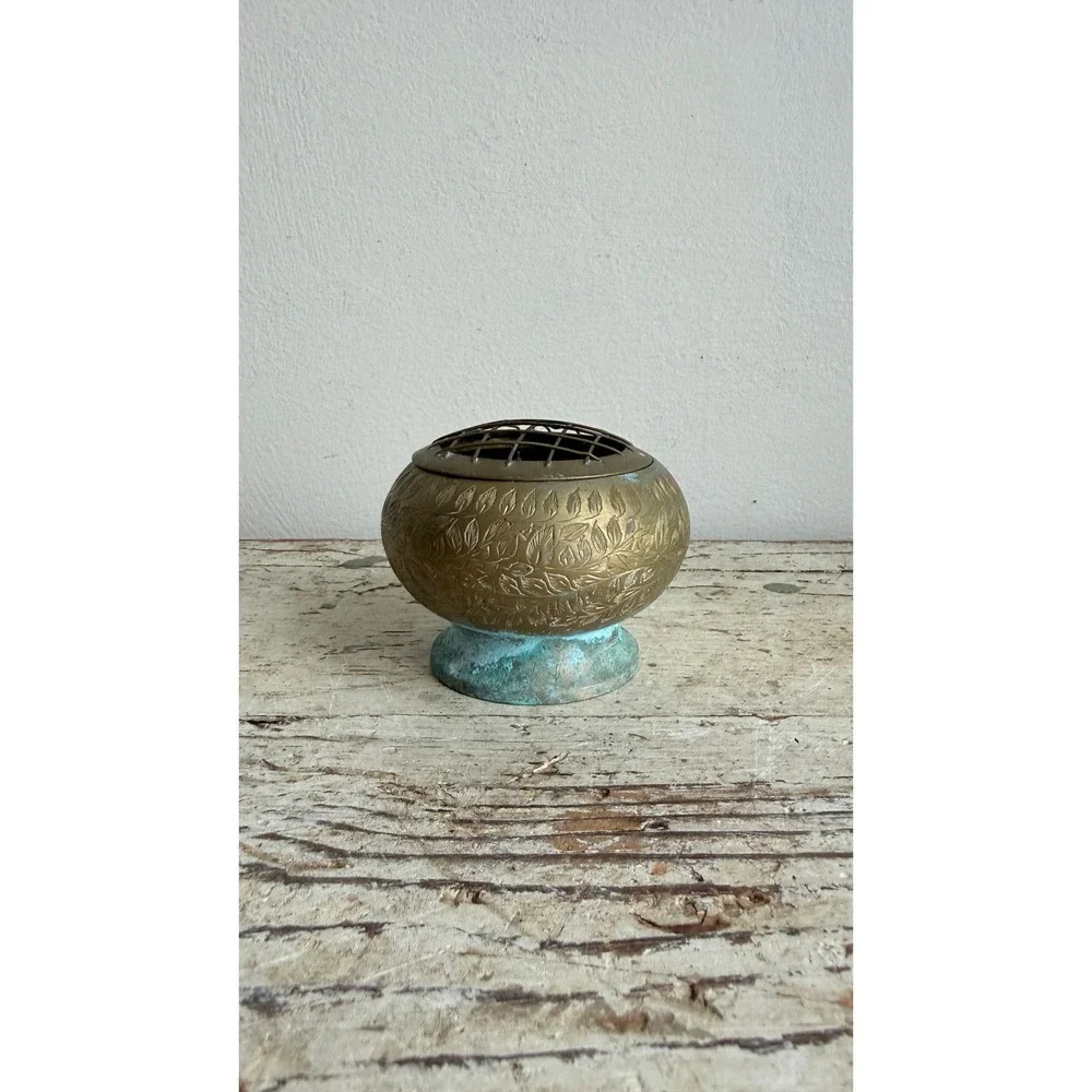 Vintage Etched Brass Rose Bowl Flower Frog Verdigris Patina Leaf Pattern 4in